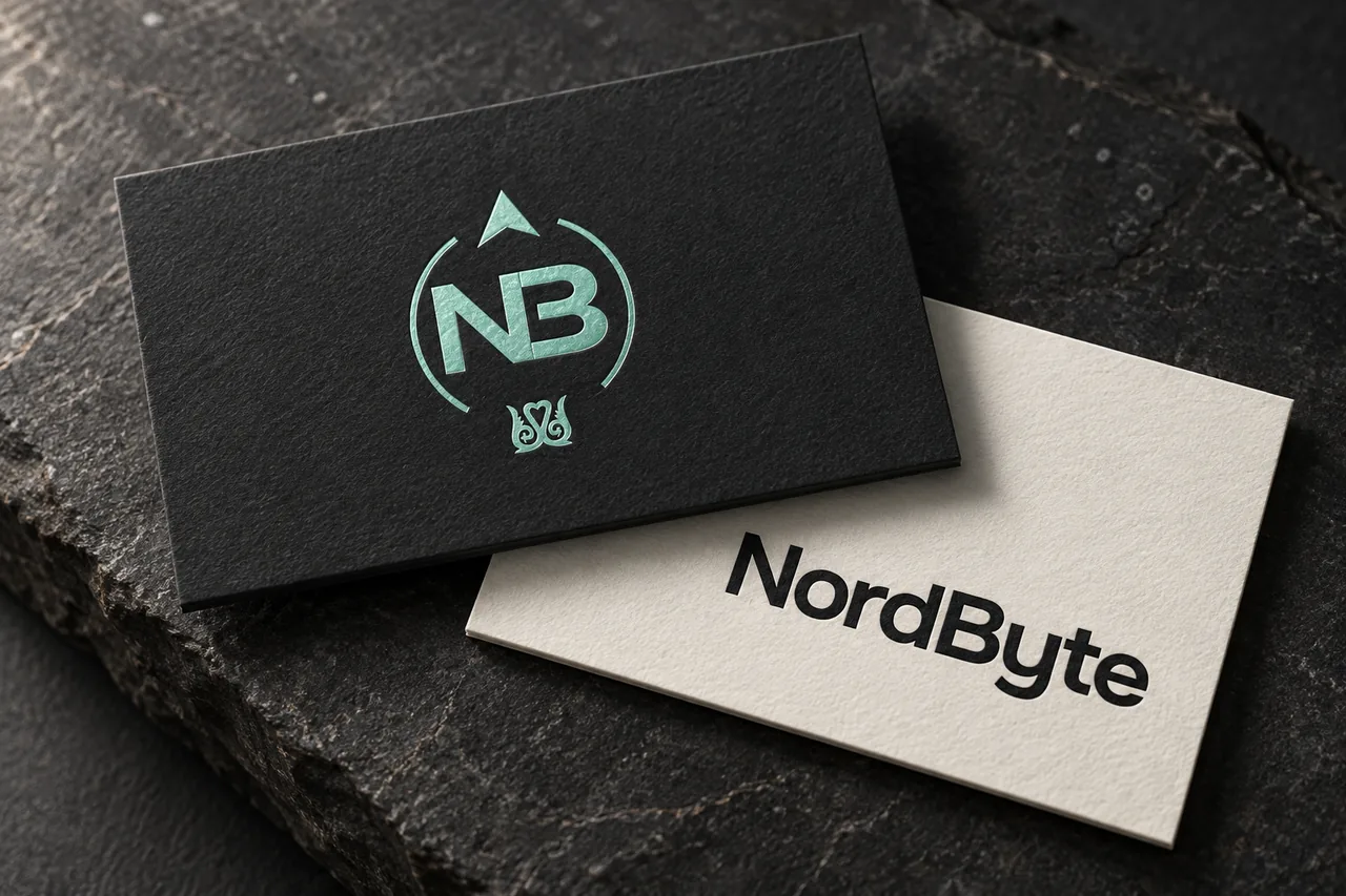 Қараңғы беттегі NordByte визиткаларының тұжырымдамалық мокабы
