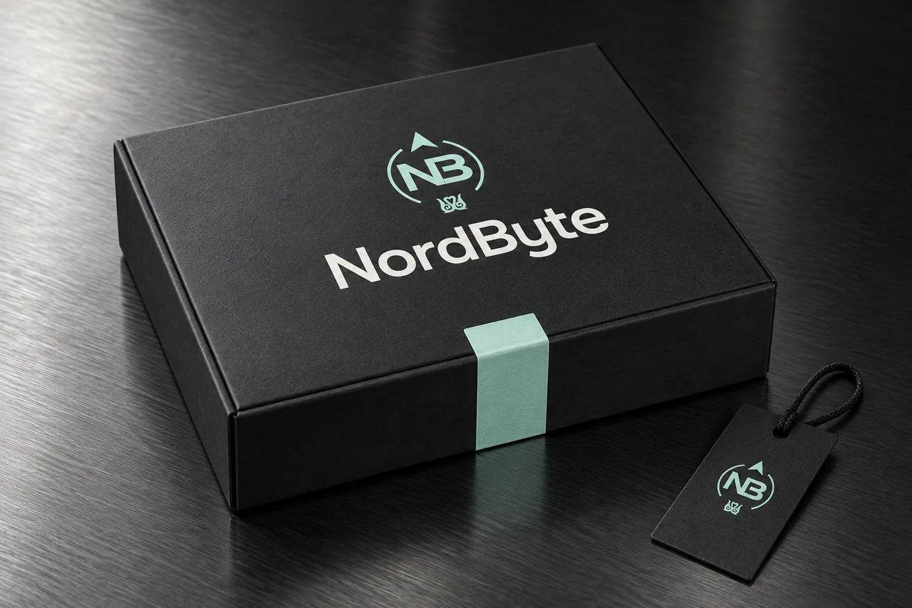 Фирмалық белгісі бар NordByte графит түсті қаптамасының тұжырымдамалық мокабы