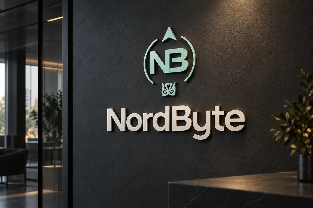 Технологиялық студия интерьеріндегі NordByte маңдайшасының тұжырымдамалық мокабы